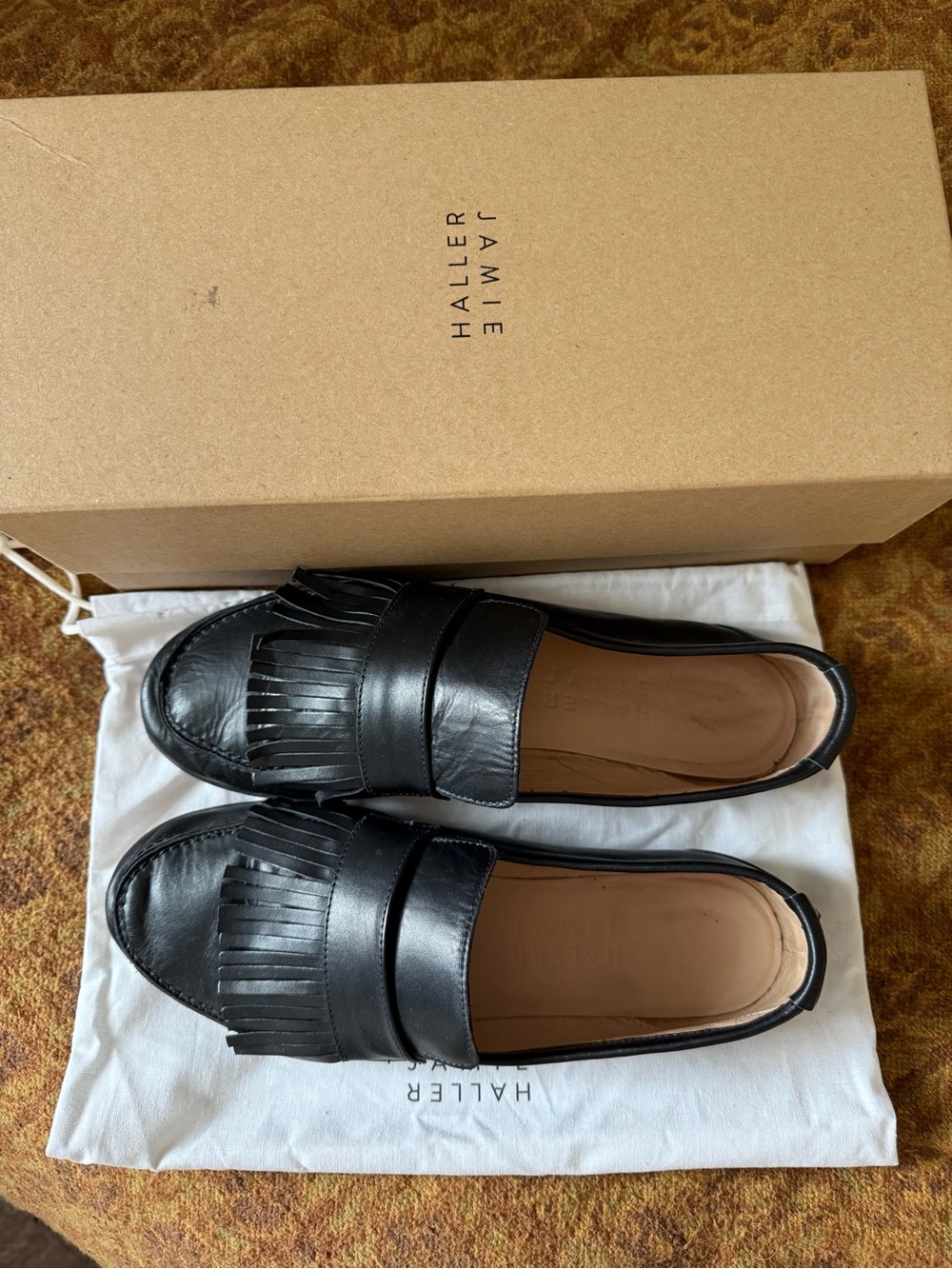 JAMIE HALLER Black Leather Fringe Loafers for Women